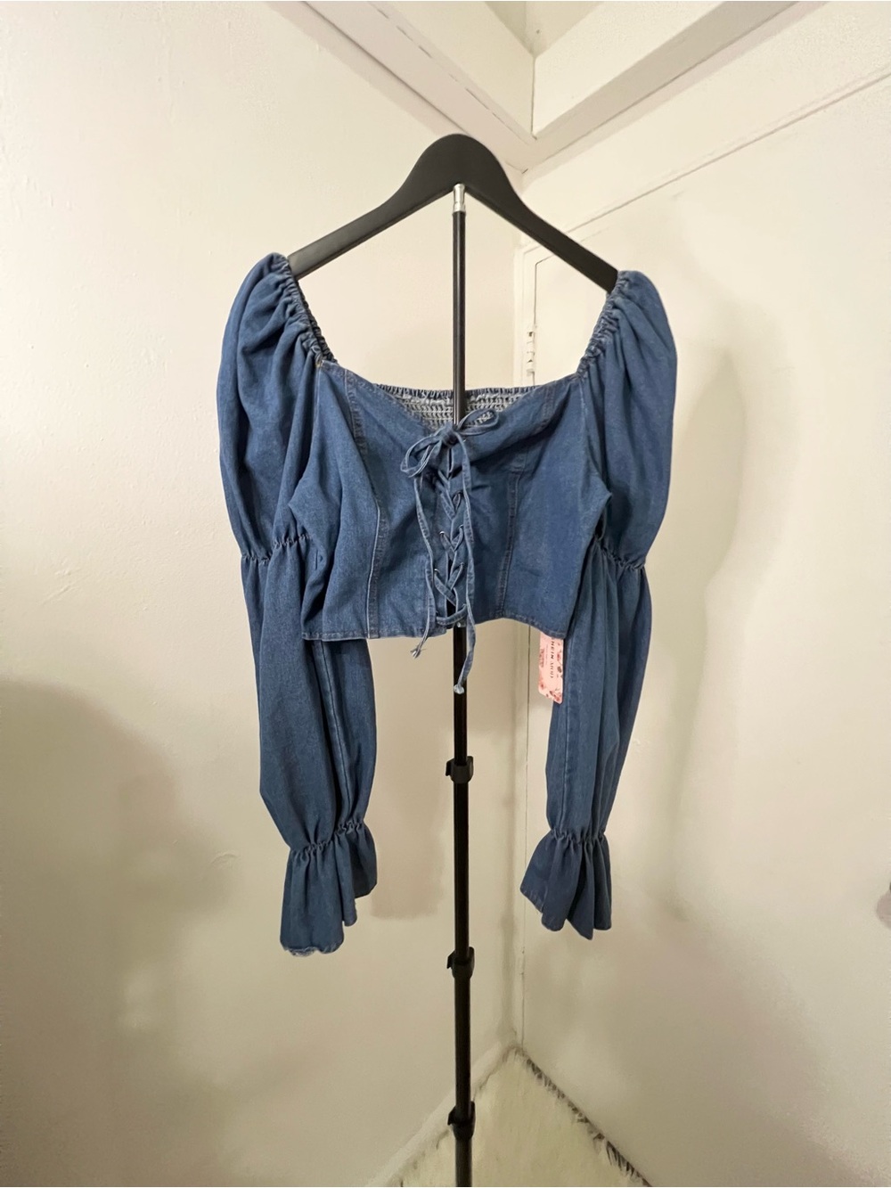 Denim Blue Lace-Up Peasant Crop Top